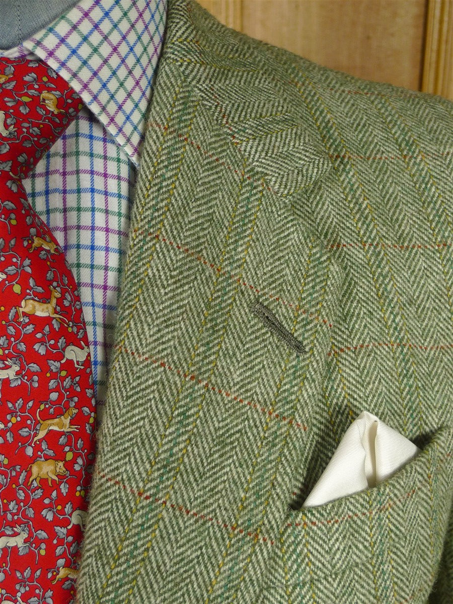 25/1061 beautiful 1980 vintage anderson & sheppard savile row bespoke heavyweight green / amber wp check tweed shooting suit w/ breeks 42 regular