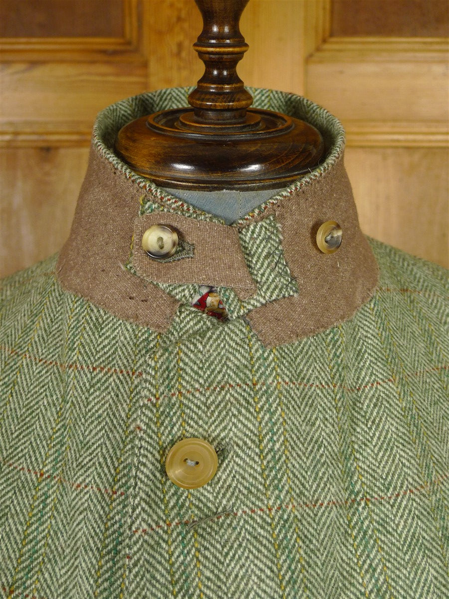 25/1061 beautiful 1980 vintage anderson & sheppard savile row bespoke heavyweight green / amber wp check tweed shooting suit w/ breeks 42 regular