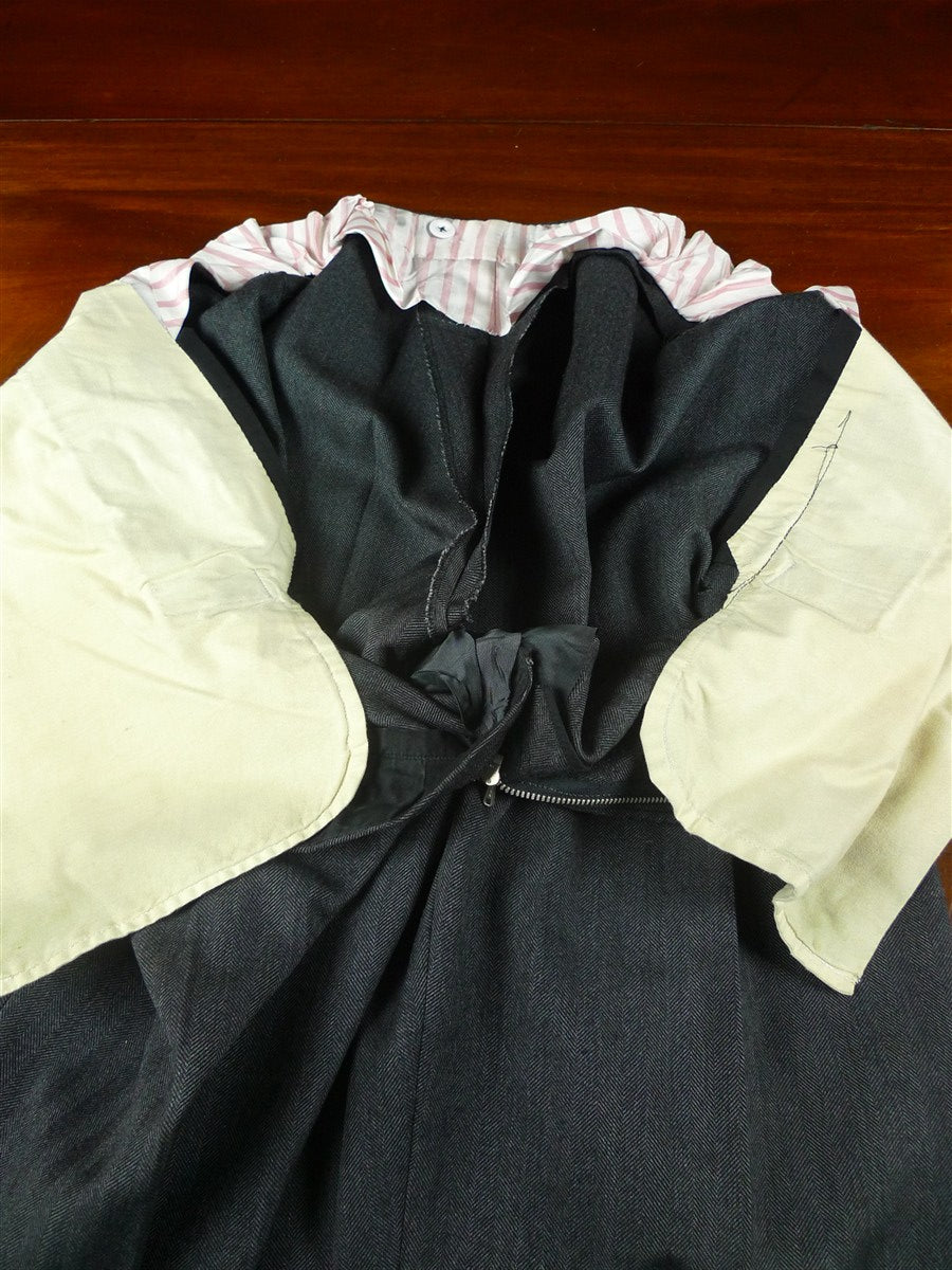 25/1073 near immaculate 2010 dege & skinner savile row bespoke heavyweight grey herringbone d/b worsted suit 46 regular w/ 2 pair trs