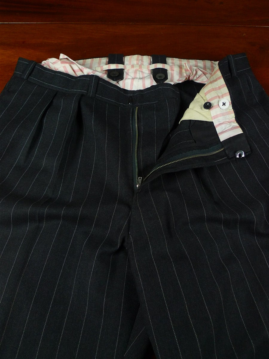 25/1075 superb 2000 dege & skinner savile row bespoke heavyweight grey pin-stripe d/b worsted suit 45 regular w/ 2 pair trs