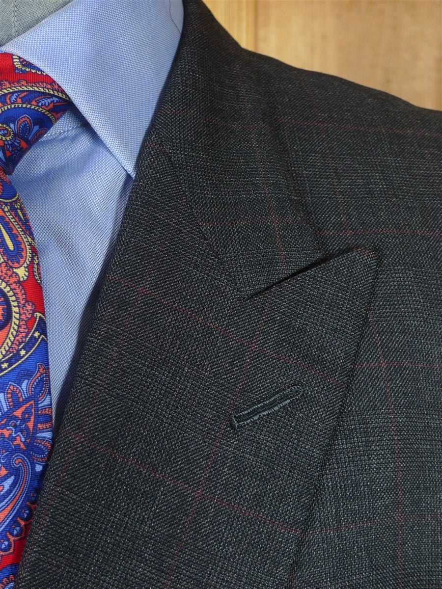 25/1101 dege & skinner 1999 savile row bespoke heavyweight grey red prince of wales check worsted d/b suit w/ 2 pair trs 45 regular to long