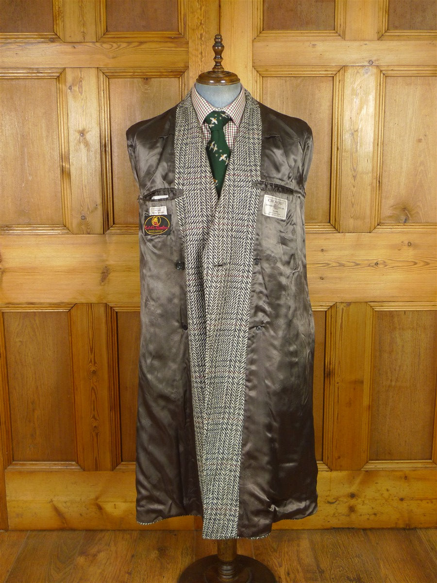 25/1106 full-length vintage crombie grey glen check d/b wool overcoat w/ belt 40-42 regular