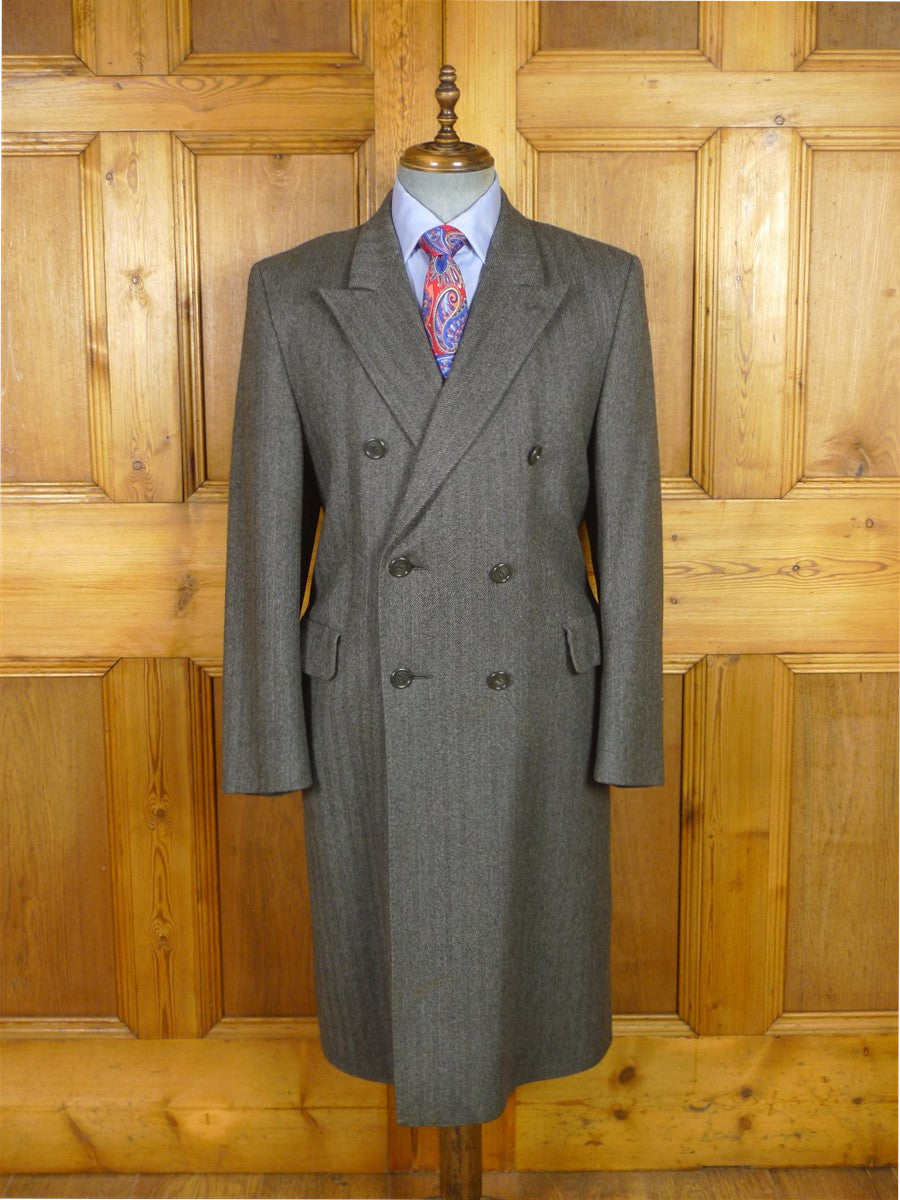 26/0016 vintage british grey herringbone d/b wool chesterfield coat overcoat 40