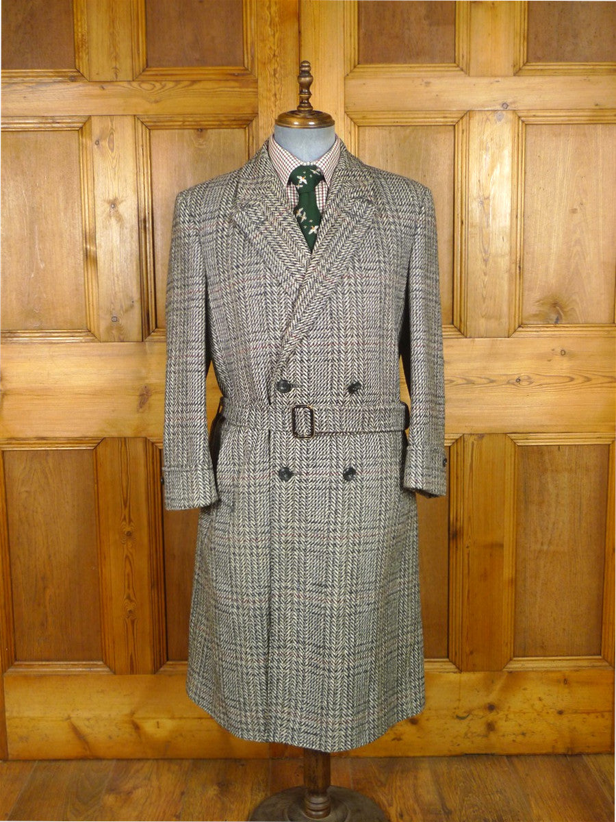 25/1106 full-length vintage crombie grey glen check d/b wool overcoat w/ belt 40-42 regular