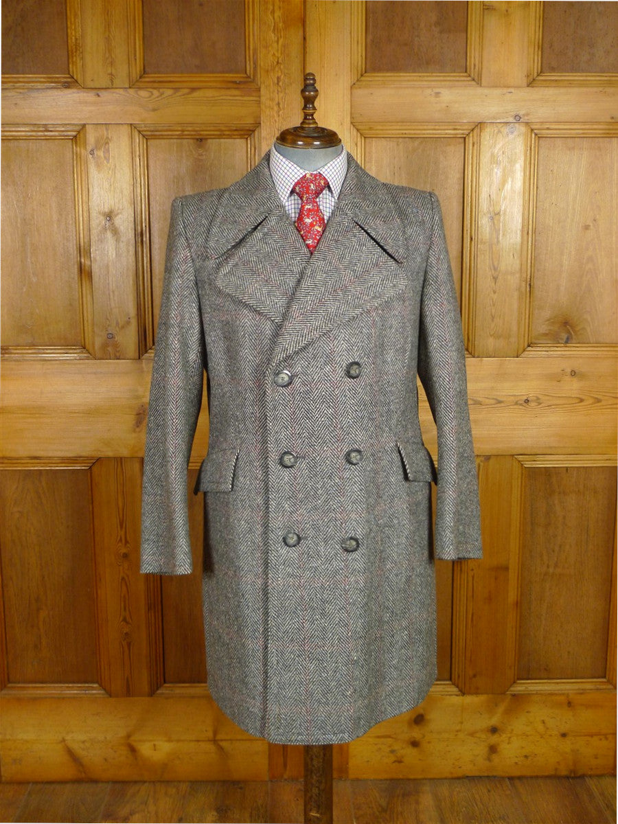 25/1176 immaculate vintage heavyweight crombie wool grey herringbone / red & blue wp check d/b pea coat overcoat 42