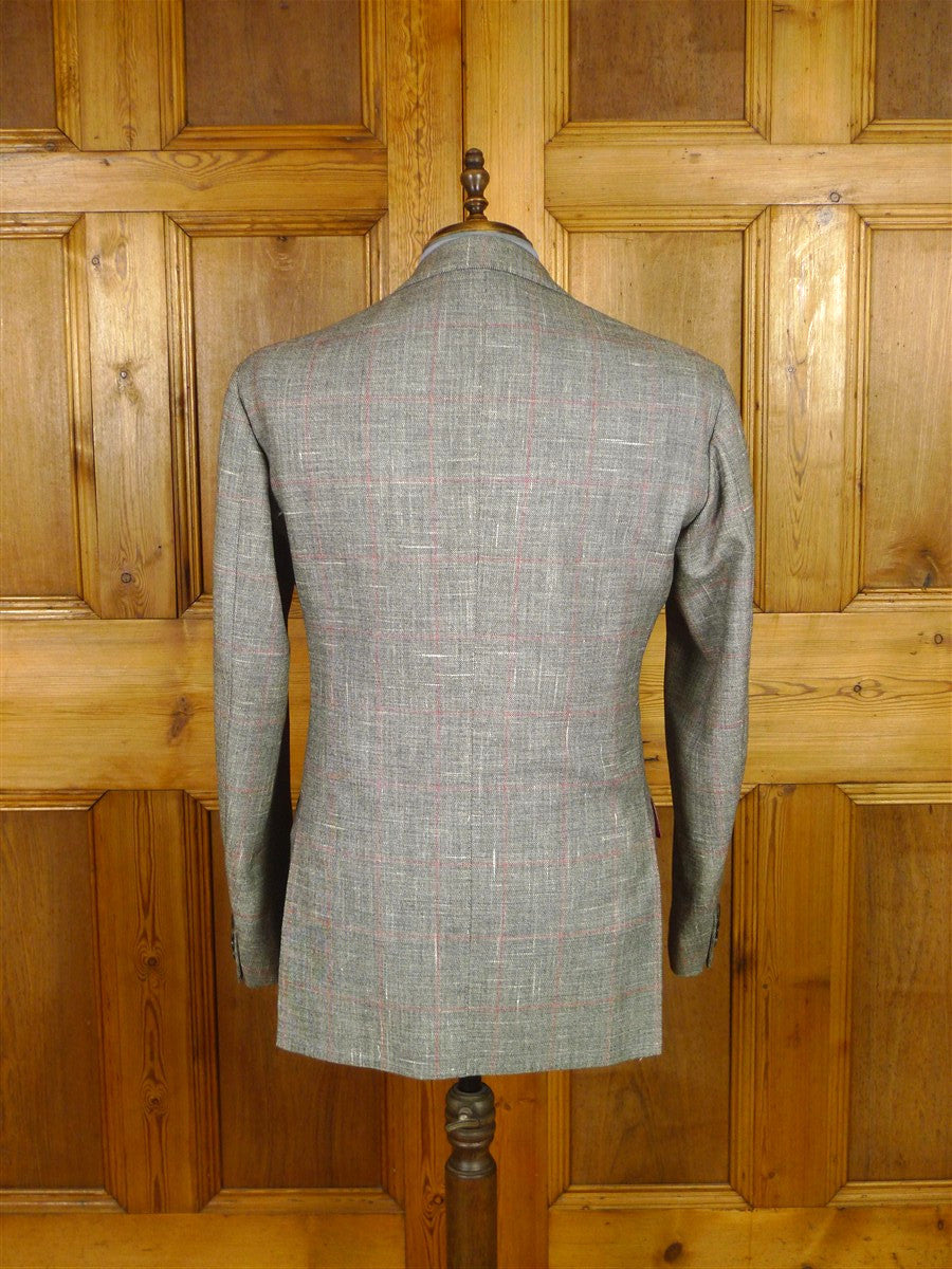 25/1193 immaculate 2011 italian bespoke wool linen & silk grey / red wp check roll-lapel suit 42 regular