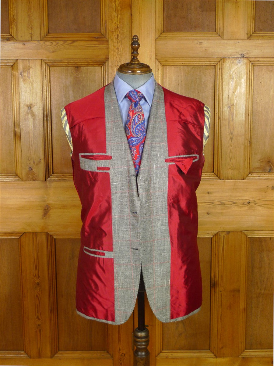 25/1193 immaculate 2011 italian bespoke wool linen & silk grey / red wp check roll-lapel suit 42 regular