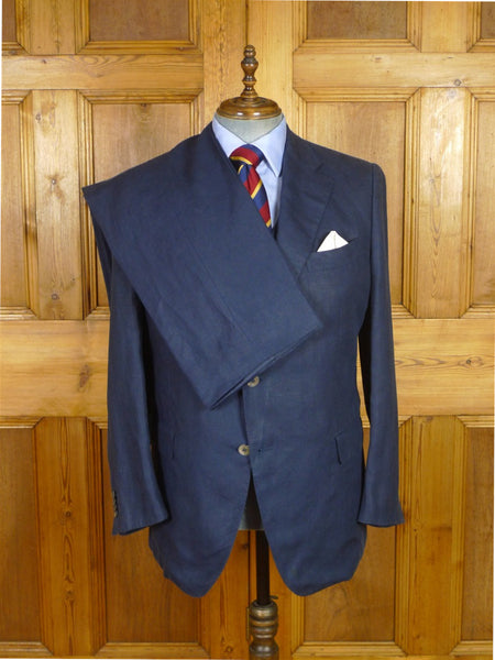 25/1215 immaculate 2015 italian bespoke dark blue 3-piece linen suit w/ mother of pearl buttons 44 regular