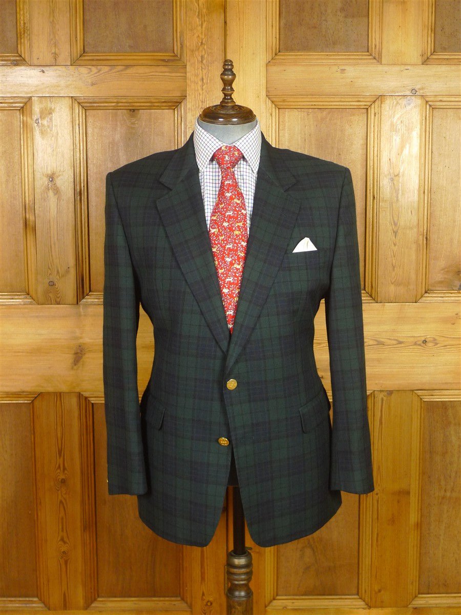 26/0046 immaculate vintage daks london black watch style tartan wool blazer w/ gold buttons 44 regular