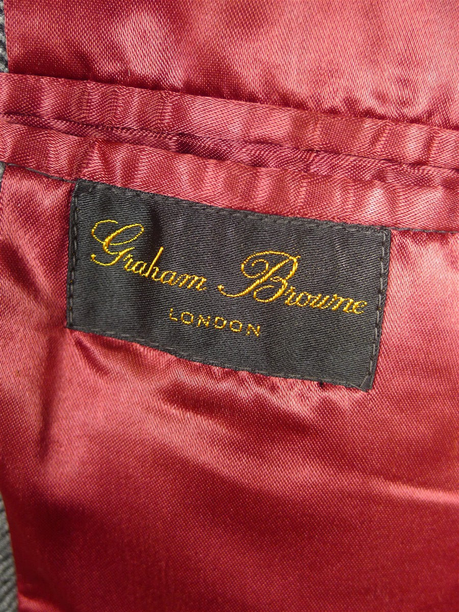 26/0075 immaculate vintage graham browne city of london bespoke grey herringbone wool overcoat w/ burgundy lining 41