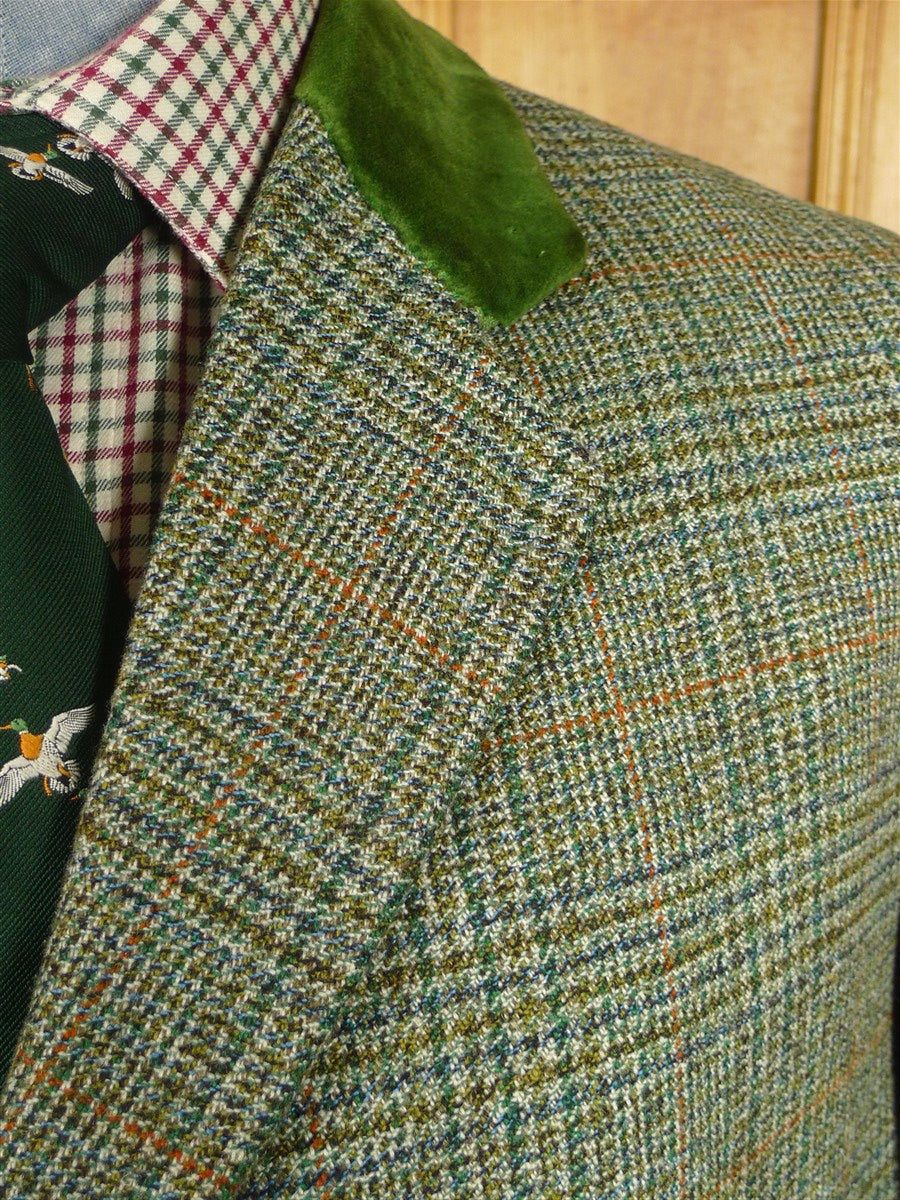 26/0201 immaculate 1950s 1960s vintage irish tweed green glen check coat overcoat w/ velvet collar 44-45