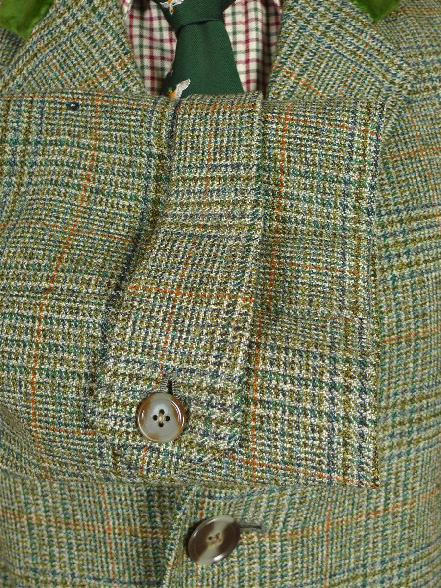 26/0201 immaculate 1950s 1960s vintage irish tweed green glen check coat overcoat w/ velvet collar 44-45