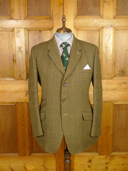 26/0224 superb vintage heavyweight harry hall tweed hacking jacket w/ ghillie collar & poacher pocket 43 long