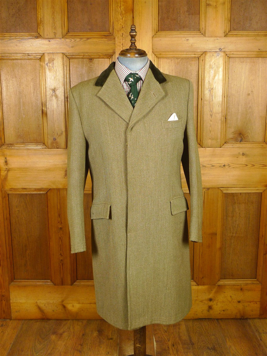 26/0243 fabulous vintage swaine adeney heavyweight green keepers tweed covert coat overcoat w/ velvet collar 43-44