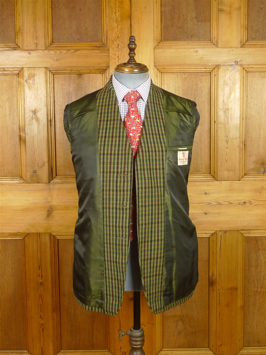 26/0255 exceptional vintage british green / brown gun check heavyweight cavalry twill country jacket w/ ghillie collar 38 short to regular