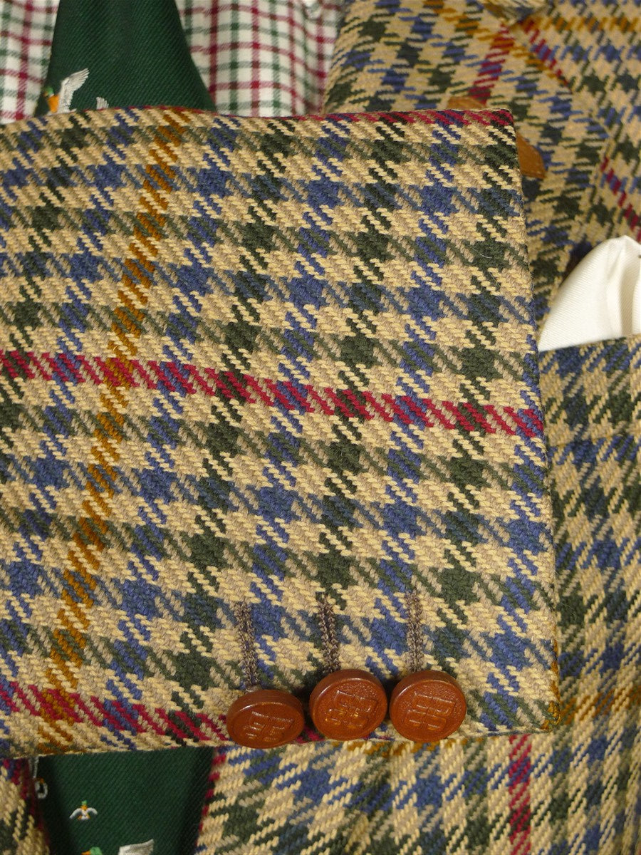 26/0268 vintage daks house check tweed sports jacket w/ dd leather buttons and suede trims 40 short to regular