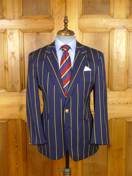 26/0284 wonderful vintage british navy blue / yellow stripe wool & cotton boating blazer 40 regular