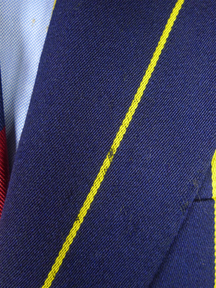 26/0284 wonderful vintage british navy blue / yellow stripe wool & cotton boating blazer 40 regular