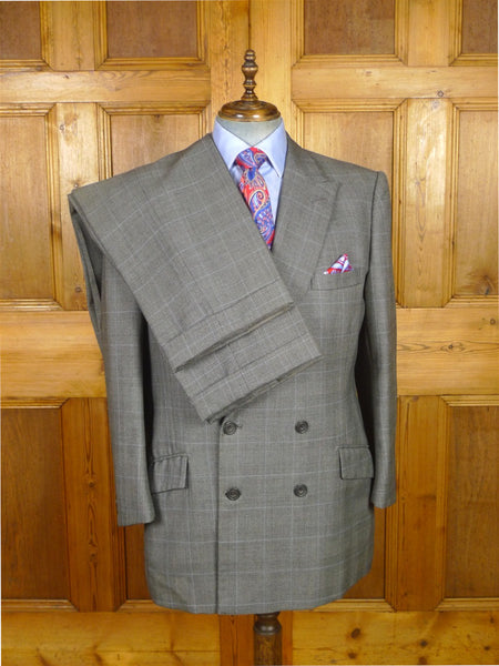 26/0300 vintage dege & skinner savile row bespoke grey / blue prince of wales check suit w/ 2 pair trs 44 long