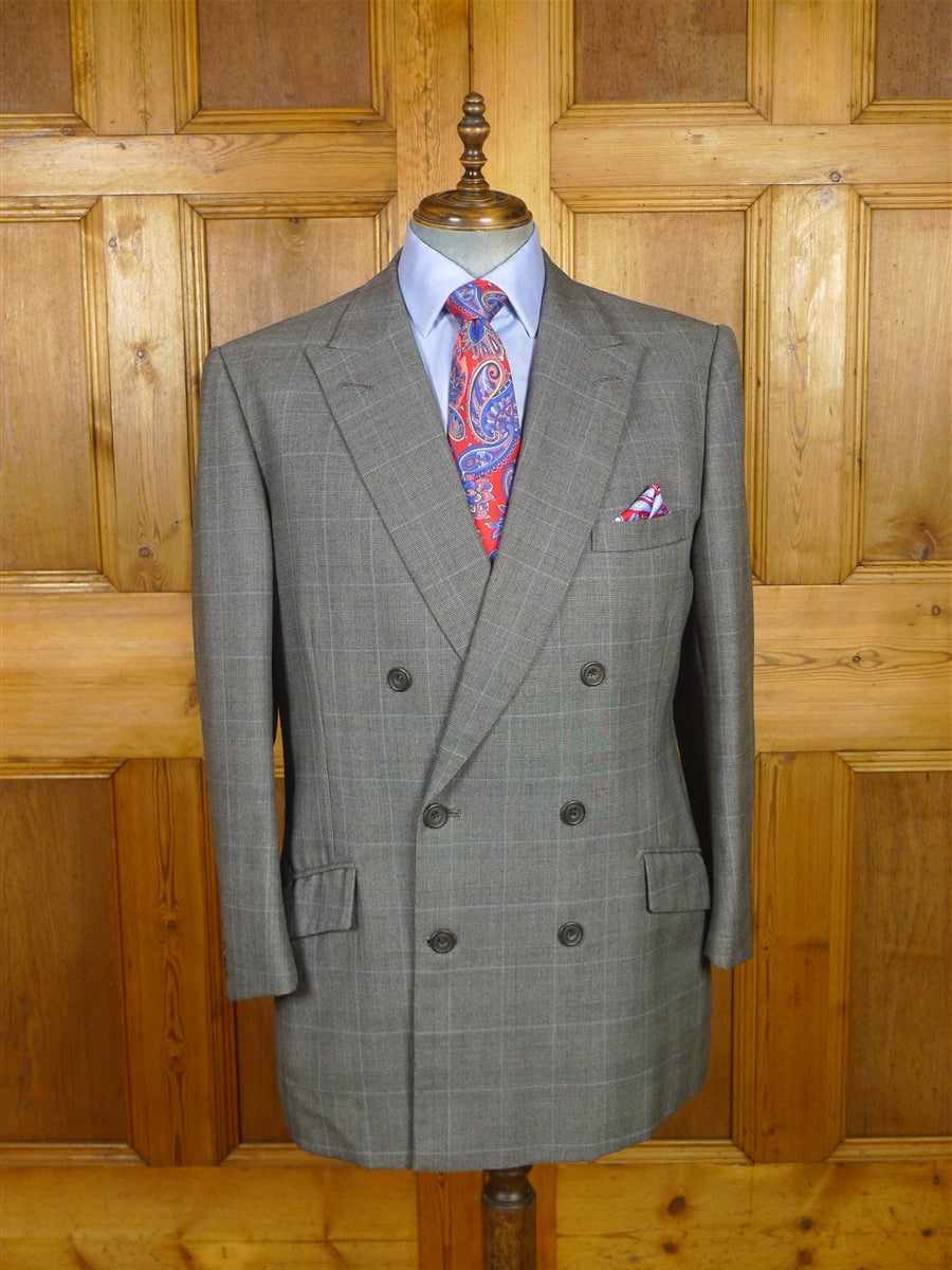 26/0300 vintage dege & skinner savile row bespoke grey / blue prince of wales check suit w/ 2 pair trs 44 long