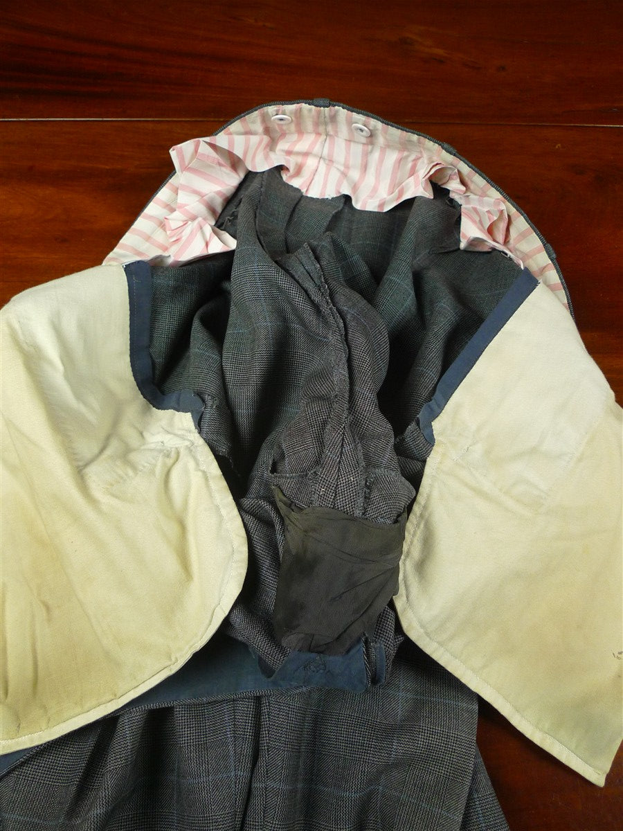 26/0300 vintage dege & skinner savile row bespoke grey / blue prince of wales check suit w/ 2 pair trs 44 long