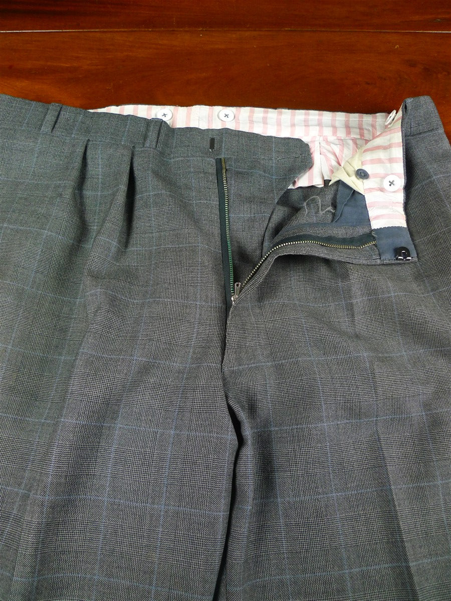 26/0300 vintage dege & skinner savile row bespoke grey / blue prince of wales check suit w/ 2 pair trs 44 long
