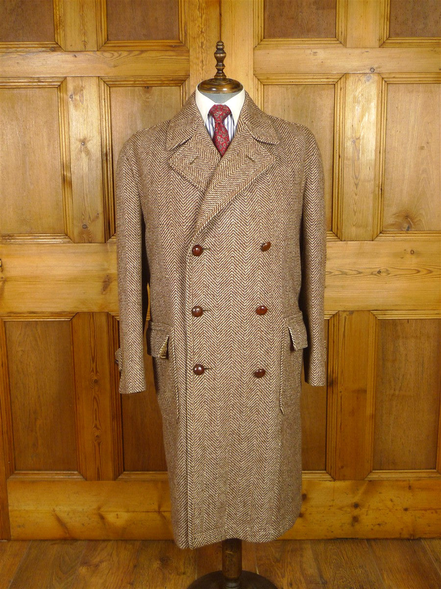 26/0318 fabulous genuine 1950s vintage very heavy brown d/b tweed coat overcoat w/ leather buttons 44-45