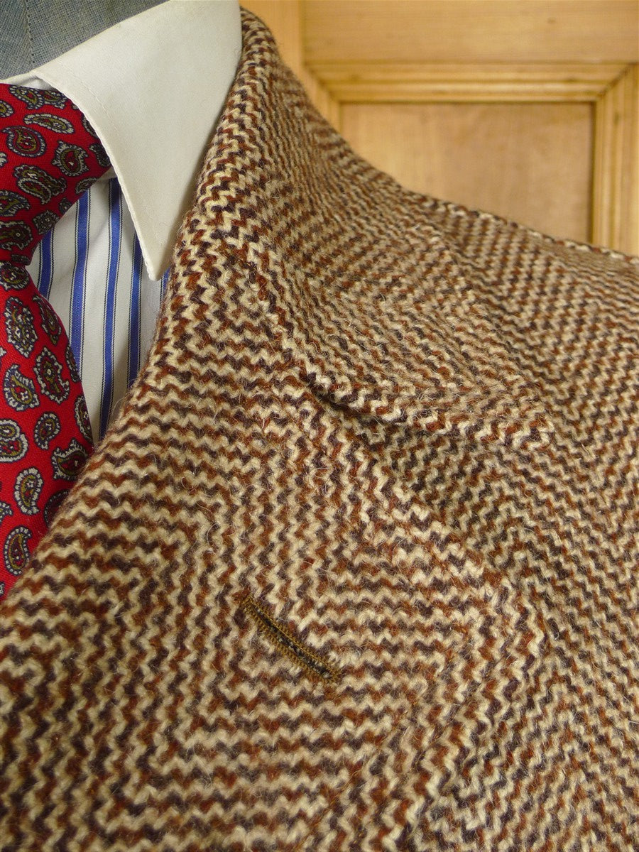 26/0318 fabulous genuine 1950s vintage very heavy brown d/b tweed coat overcoat w/ leather buttons 44-45