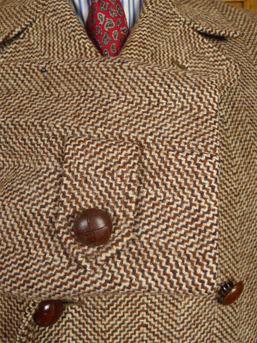 26/0318 fabulous genuine 1950s vintage very heavy brown d/b tweed coat overcoat w/ leather buttons 44-45