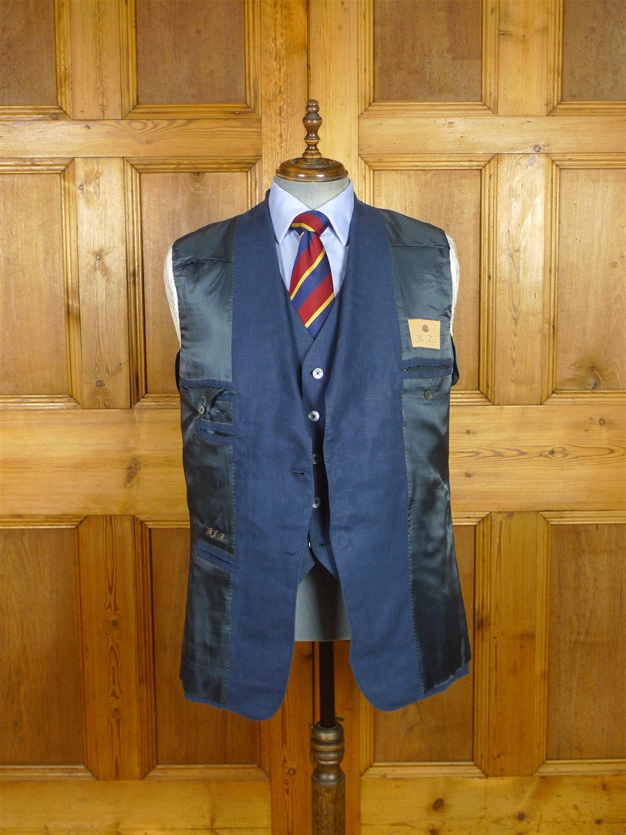 26/0351 immaculate 2014 gio genco mayfair italian bespoke blue linen 3-piece suit 42 short to regular