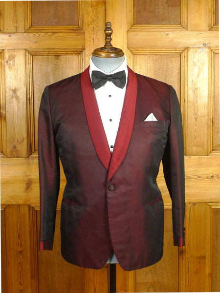 26/0423 wonderful 1967 vintage cyril castle savile row bespoke burgundy red silk dinner / smoking jacket 40 short