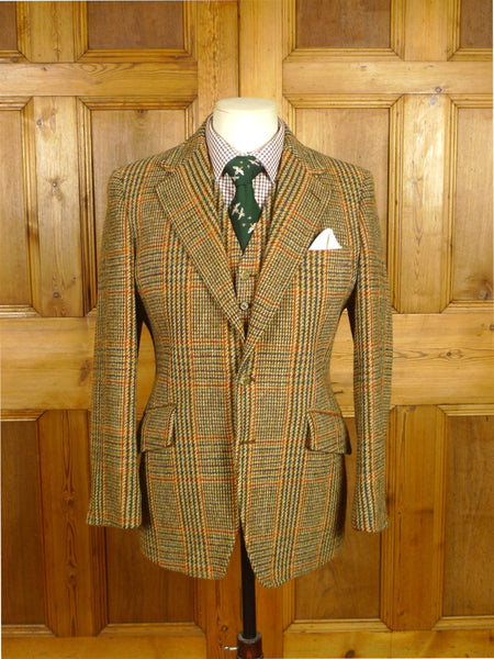 26/0480 wonderful 1960s vintage brown / green glen check harris tweed jacket & matching waistcoat w/ staghorn buttons 36-37 short to regular
