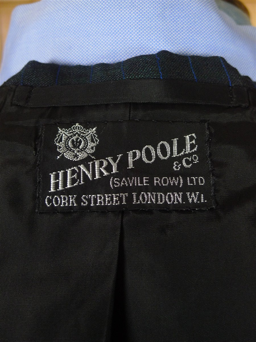 26/0521 vintage 1970 henry poole savile row bespoke charcoal grey / royal blue pin-stripe worsted & mohair suit 45 regular