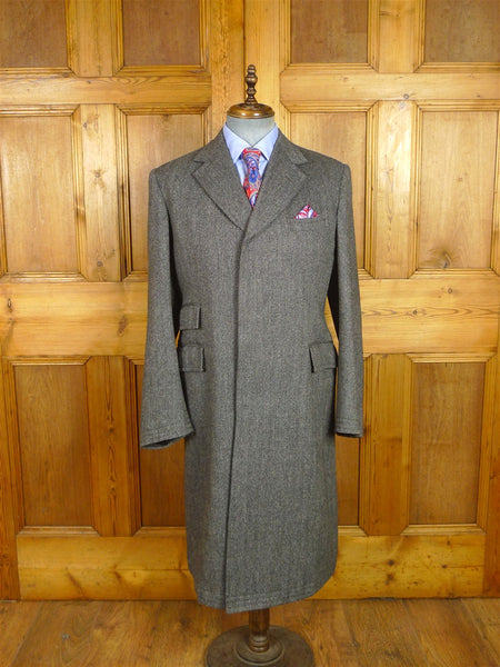 26/0576 immaculate vintage 1997 british bespoke grey herringbone wool covert coat overcoat 38-39