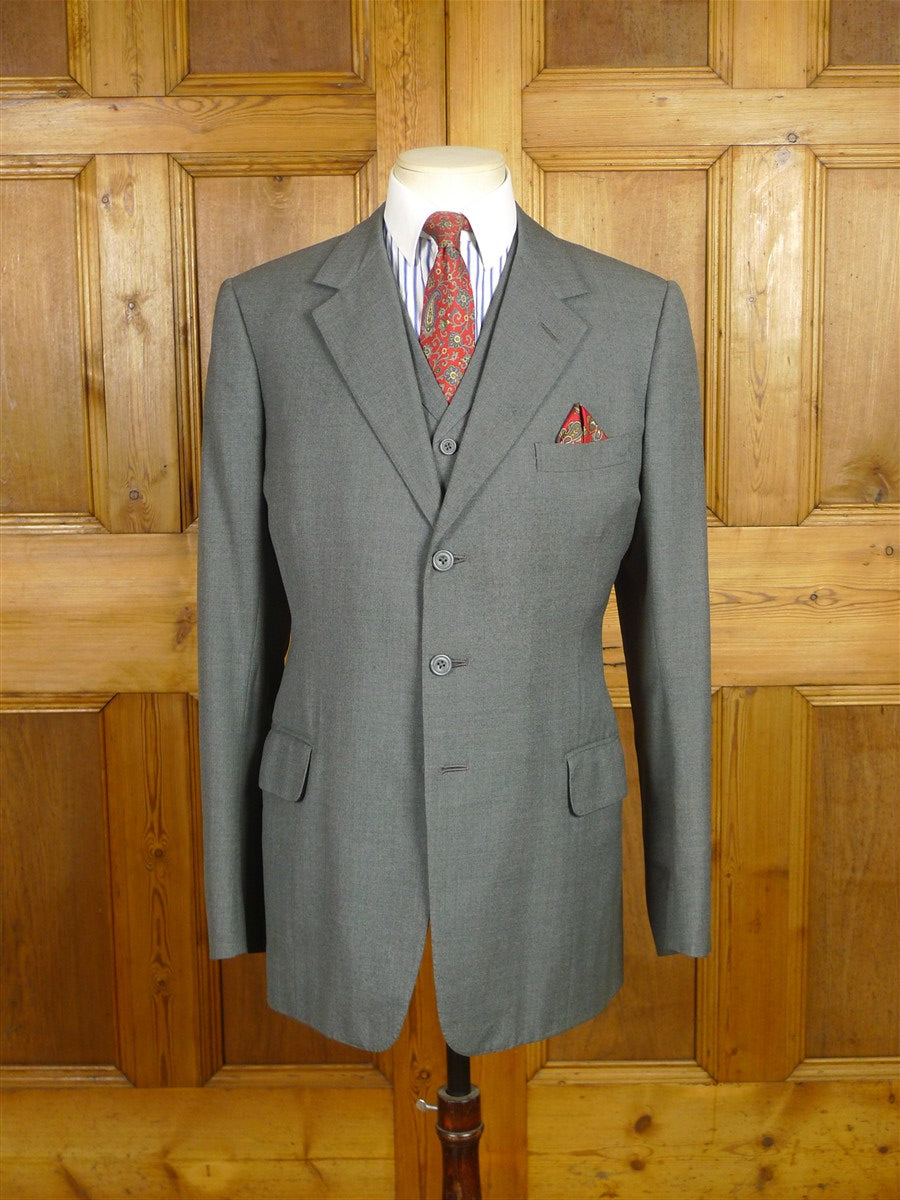 26/0579 vintage 1986 dege & sons savile row bespoke grey worsted flannel 3-piece suit 38 regular