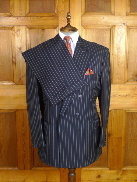 26/0620 vintage british bespoke tailor navy blue rope-stripe d/b worsted suit 44 regular to long