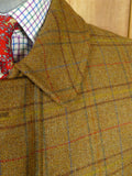 26/0606 near immaculate vintage daks (made by invertere) brown graph check tweed raglan sleeve shooting field coat w/ ghillie collar 44