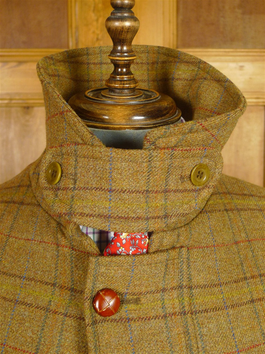 26/0606 near immaculate vintage daks (made by invertere) brown graph check tweed raglan sleeve shooting field coat w/ ghillie collar 44