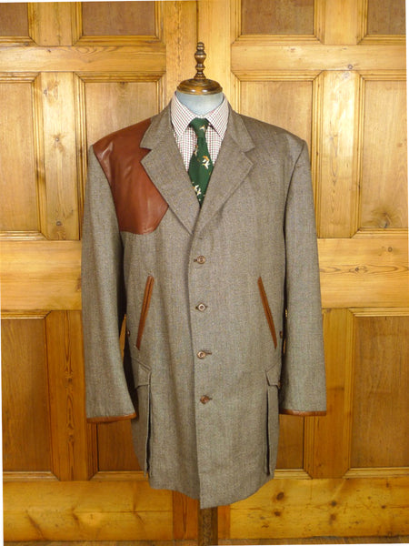26/0611 colin de'ath savile row bespoke brown donegal style tweed shooting coat w/ ghillie collar & leather facings 56 long