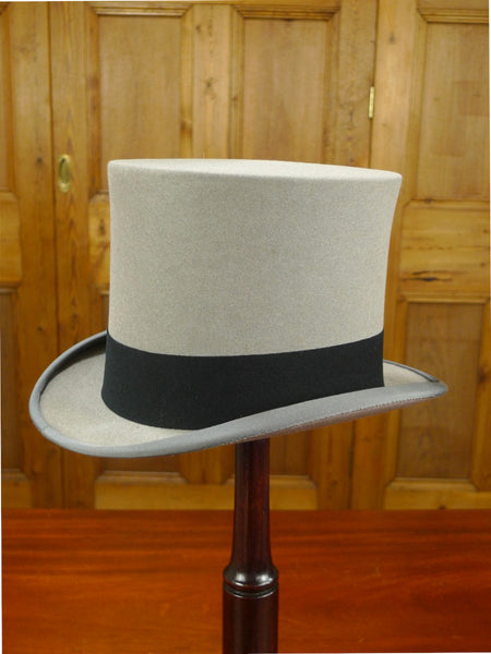 26/0617 vintage herbert johnson grey fur felt top hat w/ black band 59 cms