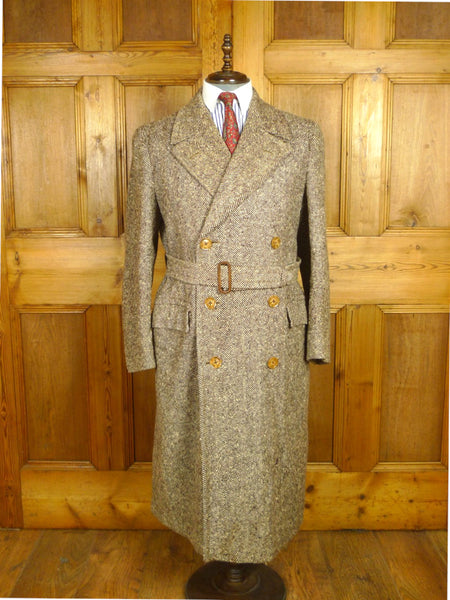 26/0625 beautiful genuine 1940s ww2 era vintage d/b brown wide herringbone weave tweed overcoat coat 38-39