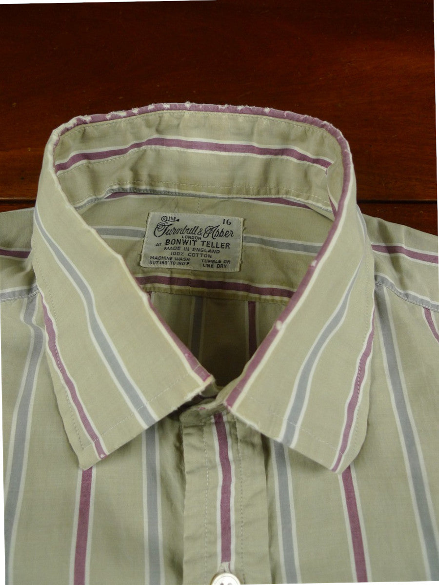 26/0685 vintage turnbull & asser cotton olive/maroon striped long sleeve single cuff shirt 15"