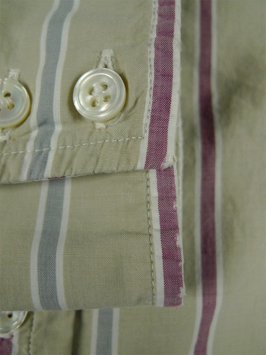 26/0685 vintage turnbull & asser cotton olive/maroon striped long sleeve single cuff shirt 15"