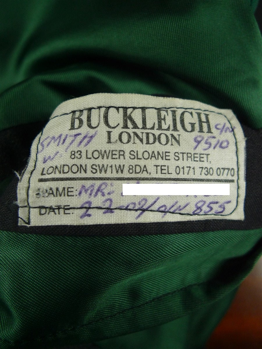 26/0666 immaculate buckleigh sw1 london bespoke grey worsted wool suit w/ green lining 38 short to regular