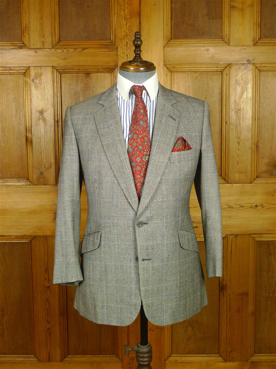 26/0712 vintage 1985 daniel w jupp savile row bespoke grey / blue prince of wales check worsted flannel suit 38 short