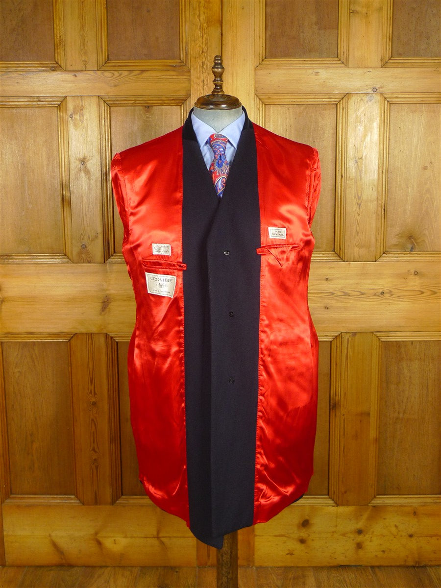 26/0722 vintage genuine crombie navy blue wool coat overcoat w/ velvet collar & red linings 44-45 regular