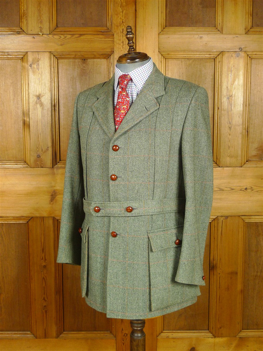 26/0791 vintage bladen supasax green wp check norfolk style tweed country sports jacket w/ belt 43-44 regular