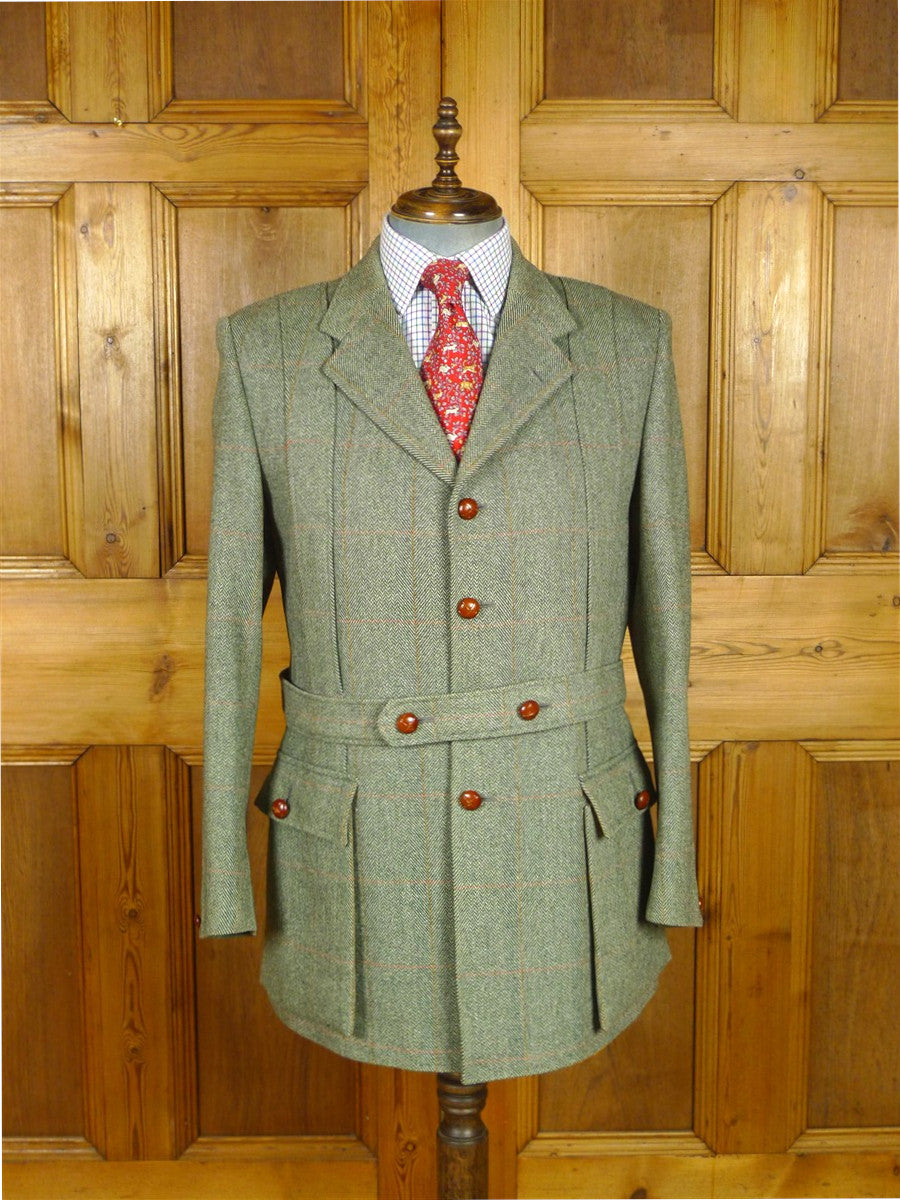 26/0791 vintage bladen supasax green wp check norfolk style tweed country sports jacket w/ belt 43-44 regular