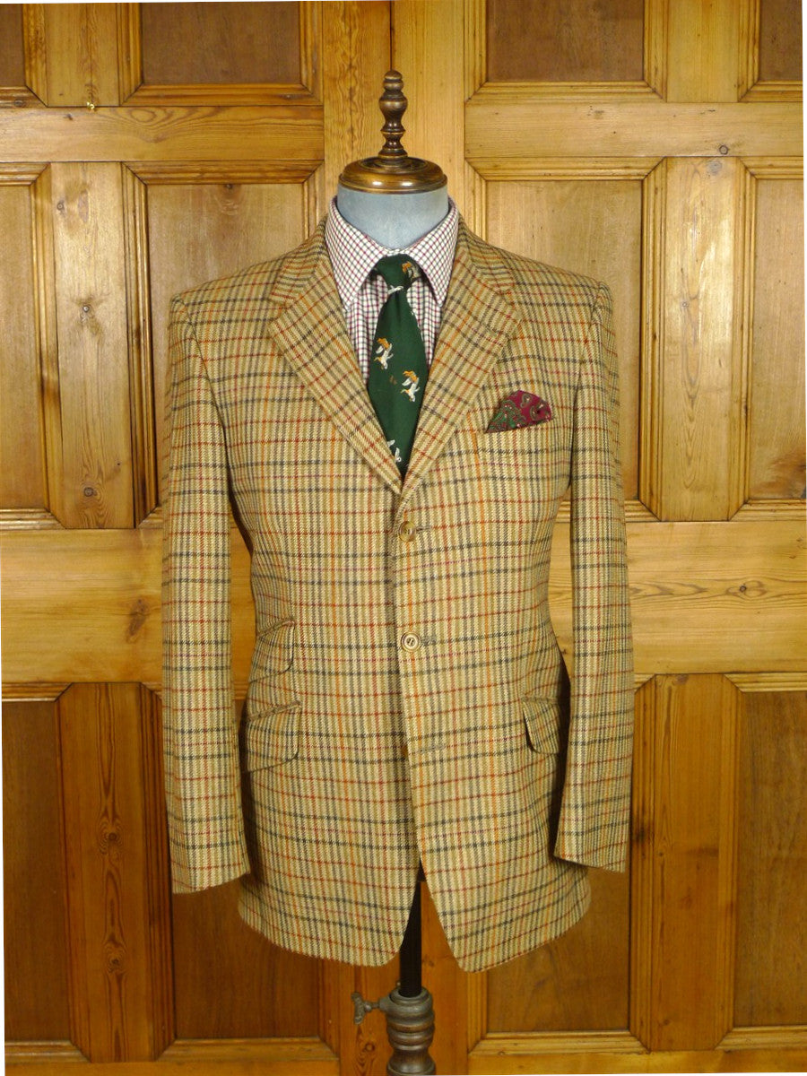 26/0792 immaculate cordings of piccadilly tan brown sporting check tweed jacket w/ horn buttons 38 regular