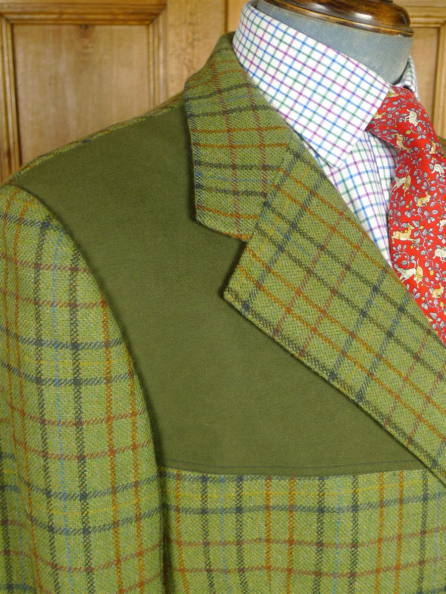 26/0787 immaculate vintage british bespoke tailor green graph check long tweed shooting style jacket w/ beautiful linings 44 regular to long
